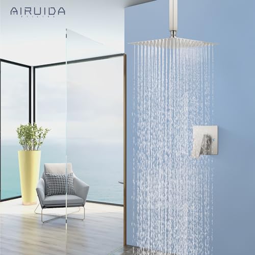 Airuida 10 Inch Brushed Nickel Shower Faucet Set,Rainfall Shower System | Ceiling Shower Head,Male Thread Rough-in Valve,Ceiling Mount,Single Handle - color: Brushed Nickel, size: 10 Inch