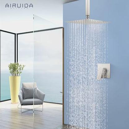 Airuida 10 Inch Brushed Nickel Shower Faucet Set,Rainfall Shower System | Ceiling Shower Head,Male Thread Rough-in Valve,Ceiling Mount,Single Handle - color: Brushed Nickel, size: 10 Inch