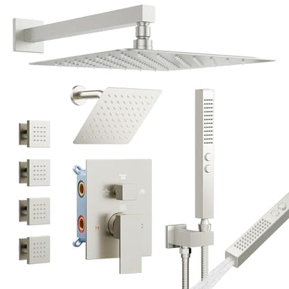 Shower System with Body Jets, Bostingner Four Modes Shower Faucet 12+6" Rain Shower Head with Handheld Spray 2 Ways, 4Pcs Shower Jets System in Wall Shower Faucet Sets Complete,Brushed Nickel - color: Brushed Nickel, size: 6+12 inch-02