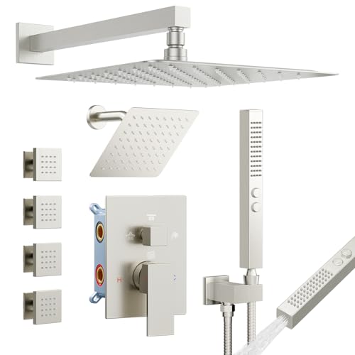 Shower System with Body Jets, Bostingner Four Modes Shower Faucet 12+6" Rain Shower Head with Handheld Spray 2 Ways, 4Pcs Shower Jets System in Wall Shower Faucet Sets Complete,Brushed Nickel - color: Brushed Nickel, size: 6+12 inch-02
