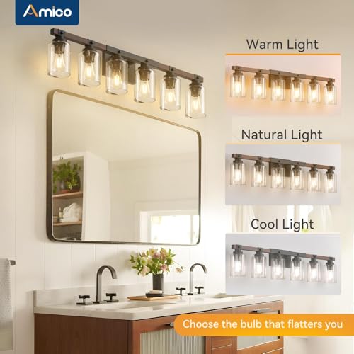Amico 6-Light Farmhouse Bathroom Vanity Light, Seeded Glass, Black & Wood | Bubble Glass Shade Wall Sconce, Over Mirror Light Fixtures for Bathroom, Bedroom, Living Room, Hallway, Powder Room, Entryway - size: 6-Light