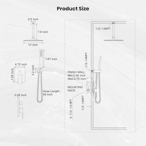 gotonovo Ceiling Shower System with Handheld Brushed Nickel,10 inch Head | Ceiling Mount Bathroom Shower Faucet Set,SUS304 Rainfall Head and Handle Set Combo,Brass Valve Trim Kit,All Metal - color: Nickel, size: 10 inch Head