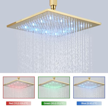 Polished Gold Shower System 12 Inch LED Square Rainfall Shower Head Ceiling Mount Shower Faucet Set with Hand Sprayer Rough-in Valve Trim Kit Bathroom Mixer Shower Combo Set - color: Gold, style: 12"-led