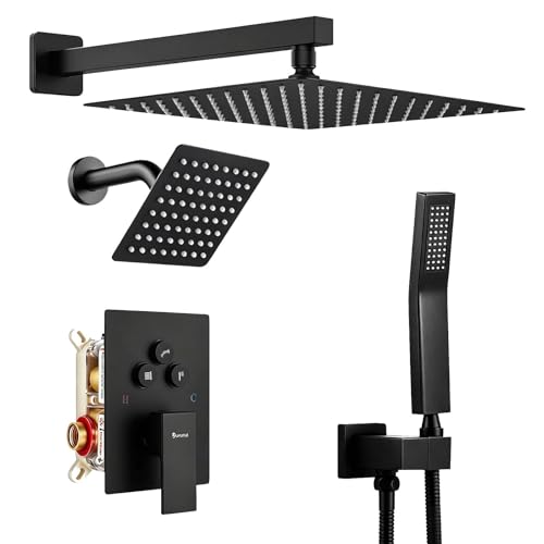 Dual Rainfall Shower Head System Matte Black, 3-Function Push Button Shower Faucet Set with 12" Wall Mount Rain shower head and 6" Wall Mount Shower Head, Pressure Balance Rough-in Valve - color: Matte Black, style: Wall Mount