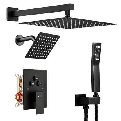 Dual Rainfall Shower Head System Matte Black, 3-Function Push Button Shower Faucet Set with 12" Wall Mount Rain shower head and 6" Wall Mount Shower Head, Pressure Balance Rough-in Valve - color: Matte Black, style: Wall Mount