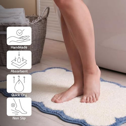 Light Blue Scalloped Bathroom Rugs Large Bath Mat | Coastal Non Slip Washable Quick Dry Absorbent Boho Microfiber Large Bathmat,20*32 Inch - color: Blue&white, size: 20*32"