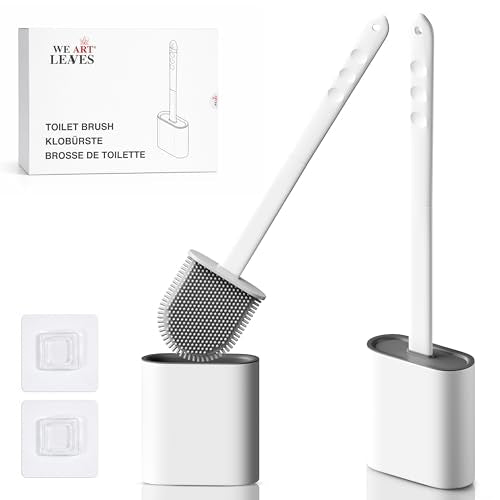 Silicone Toilet Brush and Holder Set – Pack of 2 Wall Mounted Toilet Scrubber Brush White – Long Non-Slip Handle, Modern Design, Flexible Bristles for Easy Cleaning - color: White, size: Pack of 2