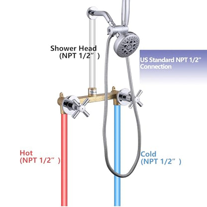 2 Handle Shower Faucet Set Chrome Shower Trim Kit with Valve | 9 Modes Hand Shower, 7 Modes Shower Head, Dual Head Work independently /Work Together, Brass Valve, NPT 1/2" US Connection - color: Chrome, style: Style C