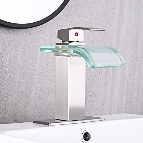 AVSIILE LED Bathroom Sink Faucet, Brushed Nickel Waterfall Single Hole Handle Vanity Faucets for Sinks 1 Hole with Metal Pop Up Drain and 2 Water Supply Lines, Wide Glass Spout - color: Brushed Nickel
