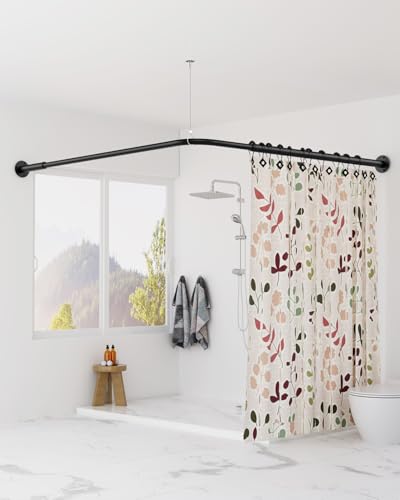 Supforce Curved Shower Curtain Rod, L Shaped Corner Shower Rod [24"-37"] x [24"-37"] Adjustable, Stainless Steel 90 Degree Angled Shower Curtain Rod with 12 Hooks & Ceiling Support, No Sagging