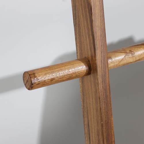 Blanket Ladder, 5-Tier Wooden Farmhouse Style Towel Rack with Shelf and Hooks, Wall Leaning Decorative Ladder for Living Room, Bedroom, Bathroom