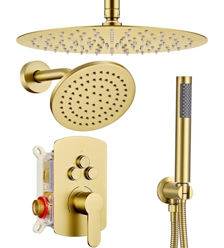 Dasan Rainfall Full Body Shower Faucet System with 12'' Round Shower & 6'' Round Shower,Brushed Gold Dual Shower Head Faucets Set with Handheld & Valve, Double Shower Head System for Couples/ 2-Person - color: Brushed Gold