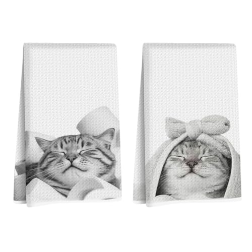 2Pcs Funny Cat Decor Bathroom Hand Towels, Cat Lover Mom Lady Gifts | Cute Cats Kitty Bathrobe and Toilet Paper Decorative Hand Towels for Bathroom Washroom Restroom, Reusable Waffle Towel - color: Funny Bathroom Cat