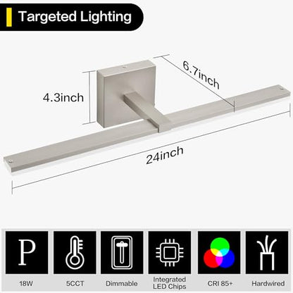 24 Inch Bathroom Light Fixtures Over Mirror Brushed Nickel Arm Design Wide LED Vanity Bar 5CCT 2900K 6000K 18W 1440lm - color: Brushed Nickel- 5CCT& Dimmable, size: 24-inch