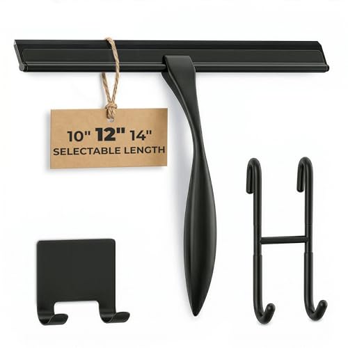 Black Squeegee for Shower Glass, 12" Silicone Blade, Stainless Steel | Shower Door Squeegee with Hook, Adhesive Mount; All-Purpose Bathroom Tile, Mirror, & Window Wiper for Streak-Free Cleaning - color: Black, size: 12 Inch