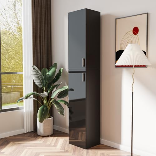 KEIKI Freestanding Slim Tall Storage Cabinet with Shelves, 2 Door, Wooden Narrow Organizer for Kitchen, Dining, Laundry, Living Room, Bathroom, Garage Pantry, Basement and Mudroom Organizing - color: Black