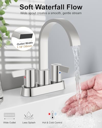 Polish Chrome Bathroom Faucet,4 Inch Centerset 2-Handle Waterfall | Includes Pop-Up Drain,24-Inch Supply Lines,Mounting Hardware,SUS304 Stainless Steel Construction,And A 360° Swivel Spout - color: Polish Chrome