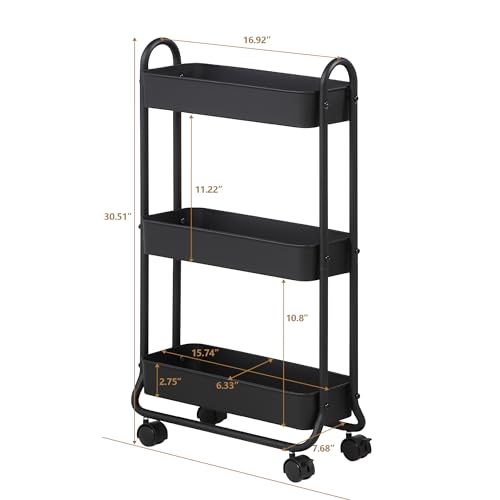 SunnyPoint Slim Rolling Storage Cart, 3 Tier Bathroom Storage Organizer Bathroom, Laundry Utility Cart (Black) - color: Black