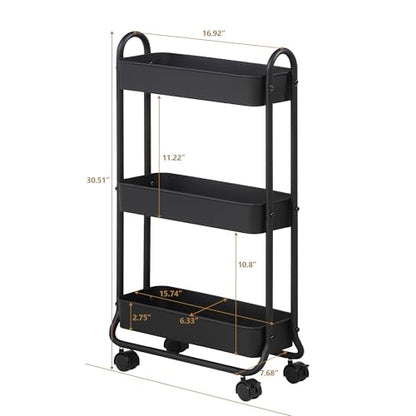SunnyPoint Slim Rolling Storage Cart, 3 Tier Bathroom Storage Organizer Bathroom, Laundry Utility Cart (Black) - color: Black