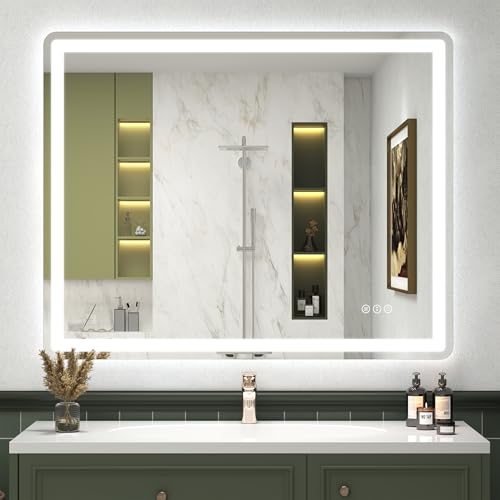 SMIROR 40x32 LED Lighted Bathroom Vanity Mirror with Lights for Wall | Front Lit and Backlit, Rounded-Corner Rectangle, 3 Color, Anti-Fog, Memory, Tempered Glass, UL, Horizontally/ Vertically - color: Frameless, size: 40"L x 32"W