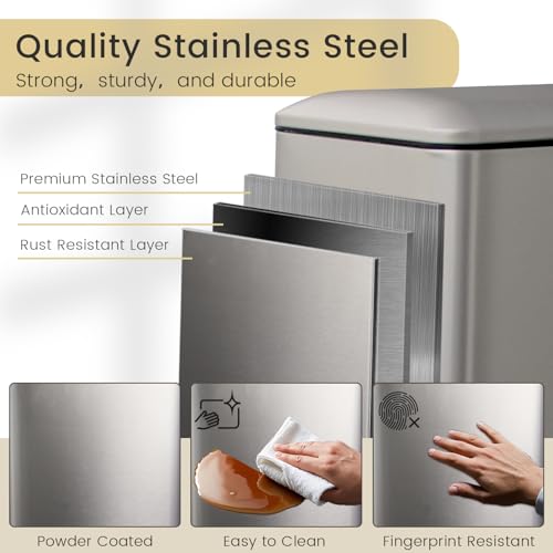 Bathroom Trash Can, Small Trash Can with Lid, Grey Garbage Can | 1.3 Gallon Trash Can with Removable Liner, Soft Close lid & Step Pedal, Stainless Steel Trash Can for Bathroom,Bedroom,Office - color: Grey