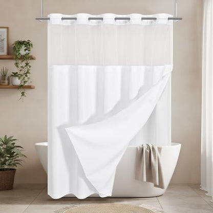 No Hooks Cream Boho Faux Linen Shower Curtain with Snap-in Liner Set, Textured Hotel Luxury Bathroom Curtain with See Through Top Window, Waterproof & Washable, 72x78 inches - color: White, size: 72"W x 78"L (Pack of 1), style: No Hooks