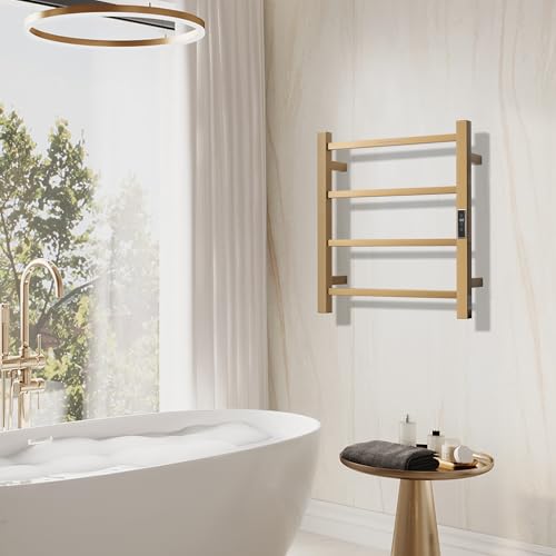 Electric Heated Towel Warmer - Wall Mounted Bathroom Towel Rack, Plug-in Design & Gold Brushed Stainless Steel Finish Gold with Timer & Temperature Control, 4 Bar - color: Square Gold With Timer, size: 4 Bar