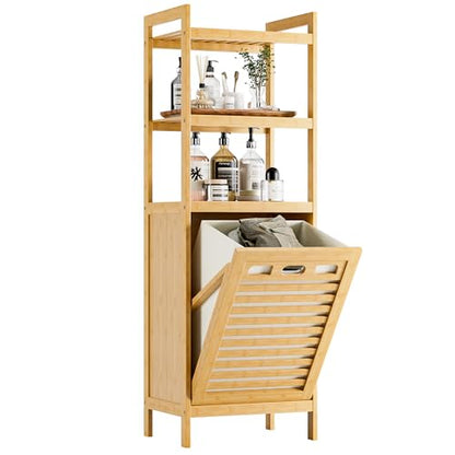 HITNET Tilt Out Laundry Hamper, Bamboo Laundry Basket with Foldable Bag and 3 Open Shelves, Freestanding Clothes Storage Organizer for Bedroom, Bathroom, Living Room, Natural - color: Natural