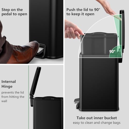 Bathroom Trash Can with Lid Slim 1.6 Gallon Stainless Steel Garbage Can with Removable Inner Bucket Soft Close Lid Durable Step Pedal Trash Bins for Toilet Bedroom Office (Matte Black, 1.6 Gallon) - color: Matte Black, size: 1.6 Gallon