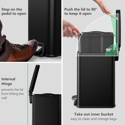 Bathroom Trash Can with Lid Slim 1.6 Gallon Stainless Steel Garbage Can with Removable Inner Bucket Soft Close Lid Durable Step Pedal Trash Bins for Toilet Bedroom Office (Matte Black, 1.6 Gallon) - color: Matte Black, size: 1.6 Gallon