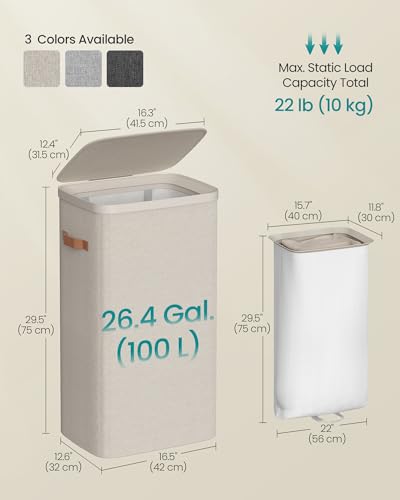 SONGMICS Laundry Basket, 26.4 Gal. Laundry Hamper, Easy Assembly, with Lid and Handles, Removable Liner, 16.5 x 12.6 x 29.5 Inches, Cappuccino Beige ULCB811LH01 - color: Cappuccino Beige, size: 100 L (1-Section)