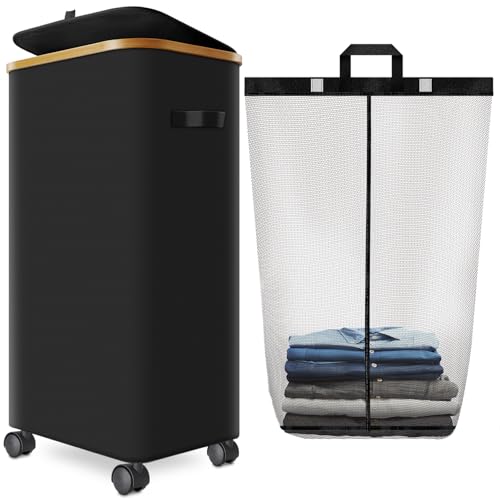 Laundry Hamper with Wheels, 75L Rolling Laundry Basket with Lid | Clothes Hampers for Laundry with Inner Bag, Dirty Clothes Hamper for Bedroom, Dorm, Bathroom, Laundry Room - color: Black, size: 110 L