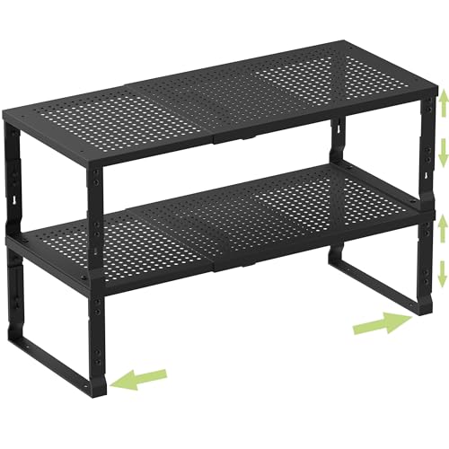 Heavy-Duty Adjustable Metal Shelf Organizer - Expandable & Stackable Pantry Storage Rack for Kitchen, Bathroom, RV, Cabinets(2 Packs/Black, Large) - color: 2 Packs/Black, size: L:10.2"D x 16.5"W x 8.2"H