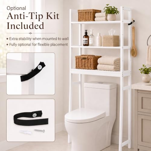 BAMBANG Over The Toilet Storage Rack, 3-Tier Over The Toilet Storage Shelf with 3 Hooks, Freestanding Above Toilet Bathroom Organizer Shelves for Space Saver Storage, Bamboo White