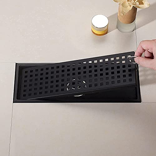 12 Inch Rectangular Shower Floor Drain, Detachable to Insert The Mesh Grille Cover, SUS304 Stainless Steel, Matt Black - color: Matt Black