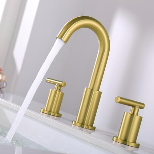 ChiLDano Brushed Gold Bathroom Faucet 3 Hole for Sink Widespread 2 Handles | Gold Vanity Faucet with Drain and Hose, Brushed Brass Gold Sink Faucet for Bathroom, 8 inch 3 Hole Faucets for Bathroom Sink - color: Brushed Gold