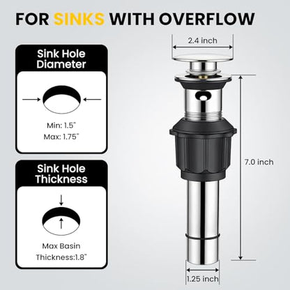 Pop up Bathroom Sink Drain with Overflow, Removable Stainless Steel Hair Catcher, Fits 1.5-1.75", Chrome Stainless Steel Bathroom Sink Stopper for Bathroom Vanity Vessel Sink Drain Stopper - color: Chrome, style: Big Popup Cap