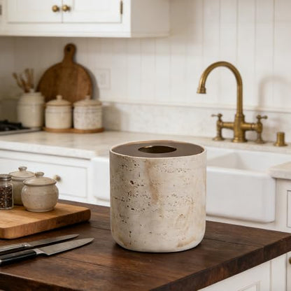 Natural Travertine Textures Mini Trash Can with Rose Gold Stainless Steel Lid, Mini Countertop Trash Can for Bathroom Kitchen, Desk or Table top Mini Garbage Can, Resin Tiny Waste Basket for Vanity - color: Beige Travertine