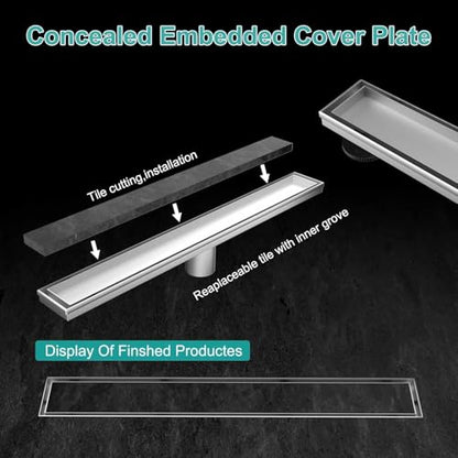 ELLO&ALLO 28 Inch Linear Shower Drain Brushed Nickel, SUS304 Stainless Steel Rectangle Shower Floor Drain with 2-in-1 Flat & Tile Insert Cover - color: Brushed Nickel, size: 28 In Tile insert Cover