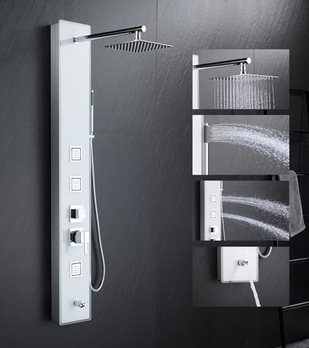 8" Wall Mount Glass Shower Panel Tower System Stainless Steel White | 51 inch Tempered glass shower panel | 8" rain shower head | 14.5" shower arm | 304 stainless steel | Wall mount - style: Square Shower