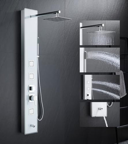 8" Wall Mount Glass Shower Panel Tower System Stainless Steel White | 51 inch Tempered glass shower panel | 8" rain shower head | 14.5" shower arm | 304 stainless steel | Wall mount - style: Square Shower