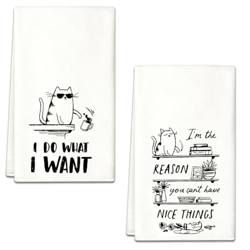 2Pcs I Do What I Want Funny Cat Kitchen Towels | Waffle Weave Hand Tea Dish Towels for Farmhouse Home Kitchen Bathroom, Black Cat Decorations,Gifts for Cats Lovers,14''×23'' - color: Do