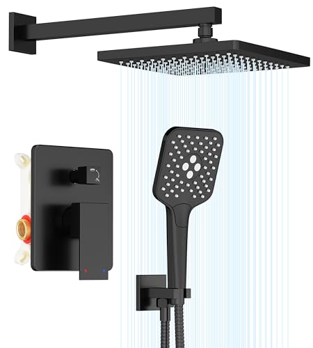 Gabrylly Shower System, 10" Shower Faucet Set with Handheld,Matte Black | Wall Mounted High Pressure Rain Shower Head with 3-Setting Handheld, Pressure Balance Shower Valve Kit Set for Bathroom - color: Black