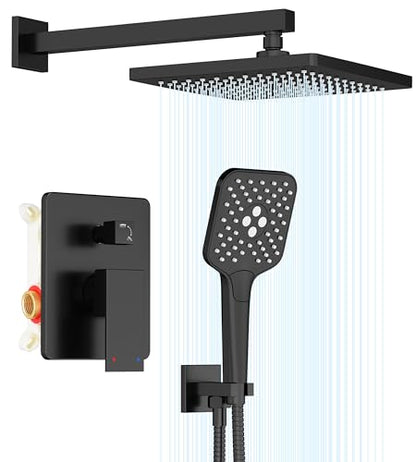 Gabrylly Shower System, 10" Shower Faucet Set with Handheld,Matte Black | Wall Mounted High Pressure Rain Shower Head with 3-Setting Handheld, Pressure Balance Shower Valve Kit Set for Bathroom - color: Black