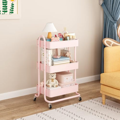 MIOCASA 3-Tier Metal Utility Rolling Cart, Heavy Duty Multifunction Cart with Lockable Casters, Easy to Assemble, Suitable for Office, Bathroom, Kitchen, Garden - style: Pink