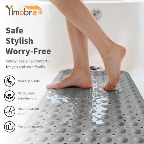 Yimobra Non Slip Bathtub Mat 40 x 16 Inch, Extra Long Shower Mat with Drain Holes, Machine Washable Baby Bath Mats, Strong Suction Cups for Bathroom Floor, Grey - color: Grey