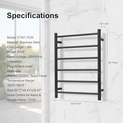Electric Towel Rack with Voice Control for Alexa & Google Home,TUYA - Wall-Mounted Bathroom Heating Towel Warmer,Plug-in,Stainless Steel Material (Black with WiFi, 6 Bar)