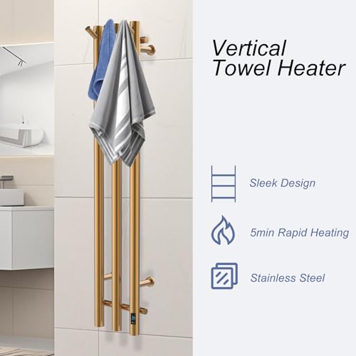 Electric Heated Towel Rack with Timer, Wall-Mounted Towel Warmer, 3 Vertical Bars, Plug-in or Hardwired, 37.4 Inch Height, Round Design (Gold) - color: Gold