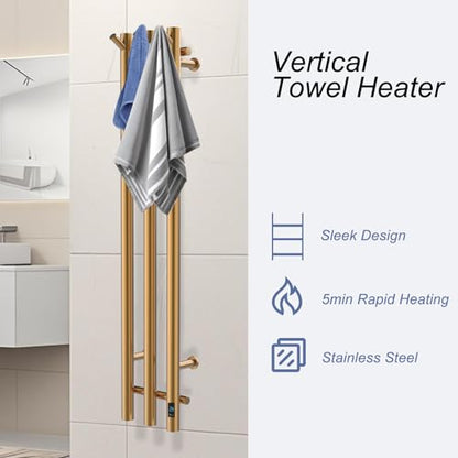 Electric Heated Towel Rack with Timer, Wall-Mounted Towel Warmer, 3 Vertical Bars, Plug-in or Hardwired, 37.4 Inch Height, Round Design (Gold) - color: Gold