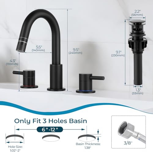 8 Inch Pull Down Bathroom Faucet 3 Hole,Black Bathroom Sink Faucet | Stainless Steel,Pull Down Sprayer,3 hole Widespread,with Pop-up Drain,Water Supply Hoses,Two Water Flow Modes, Black - color: A-Matte Black